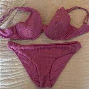Textured Pink Underwire Bikini Set - Women's Swim